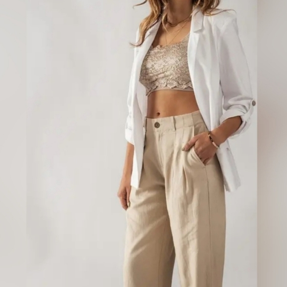 #385 SALE 🛑S,M Boho Linen Open Front Roll Tab Sleeve Blazer - Picture 11 of 16